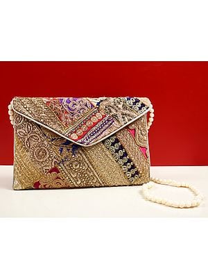 Multicolored Zari Sequin Embellished Handcrafted Clutch Bag with Damru Dori from Jaipur