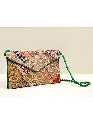 Multicolored Zari Sequin Embellished Handcrafted Clutch Bag with Damru Dori from Jaipur