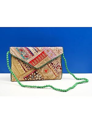Multicolored Zari Sequin Embellished Handcrafted Clutch Bag with Damru Dori from Jaipur