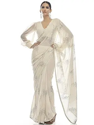 Brilliant-White Chevron Pattern Sequin Work Georgette Saree