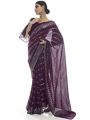 Purple-Wine Chevron Pattern Sequin Work Georgette Saree