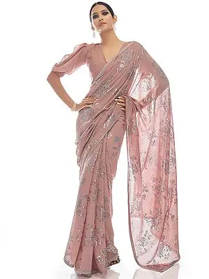 Bridal-Rose Floral Pattern Sequin Work Georgette Saree