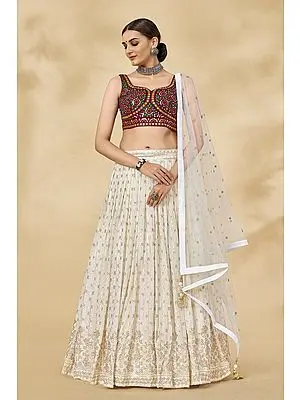 Maroon-Cream Georgette Lehenga With Thread-Mirror-Sequin Floral All-Over Work On Choli