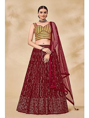 Yellow-Maroon Georgette Lehenga with Thread-Mirror-Sequin Floral All-Over Work on Choli