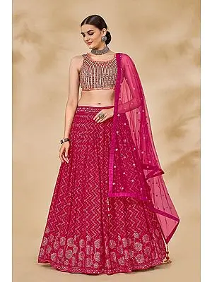 White-Fuschia Georgette Lehenga With Thread-Mirror-Sequin Floral All-Over Work On Choli