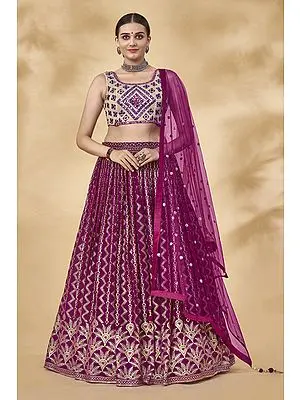 Cream-Berry Georgette Lehenga With Thread-Mirror-Sequin Floral All-Over Work On Choli