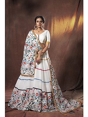 Pristine-White Georgette Lehenga Choli With Multicolor Floral Thread-Mirror-Sequin Embroidery