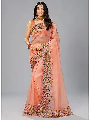 Peach Organza Saree with Multicolor Floral Thread-Zari Work on Border and Pallu