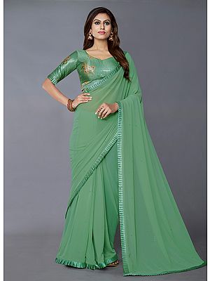 Pista-Green Georgette Saree With Sequins Work On Body And Lace Work On Border