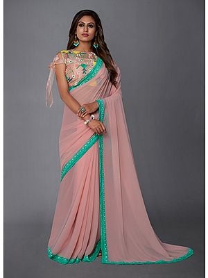 Baby-Pink Georgette Saree With Sequins-Lace Work And Floral Embroidered Organza Blouse