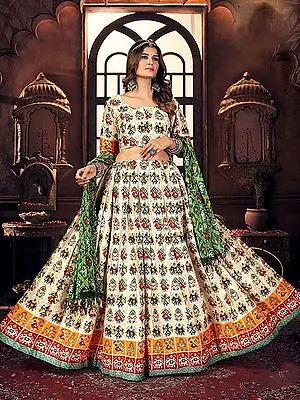 Cream Cotton Multicolor Satin Digital Print Navratri Lehenga Choli With Side Chain - Dori And Green Muslin Dupatta