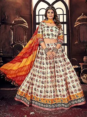 Cream Cotton Multicolor Satin Digital Print Navratri Lehenga Choli With Side Chain - Dori And Leheriya Orange Muslin Dupatta