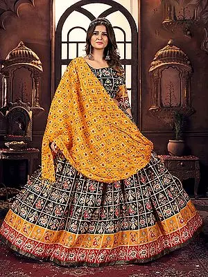 Black-Beauty Cotton Multicolor Satin Digital Print Navratri Lehenga Choli With Side Chain - Dori And Mustard Muslin Dupatta