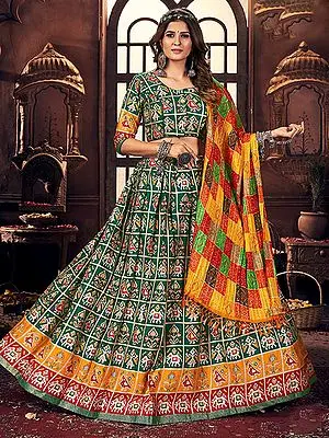Botanical-Garden Cotton Multicolor Satin Digital Print Navratri Lehenga Choli With Side Chain - Dori And Muslin Dupatta