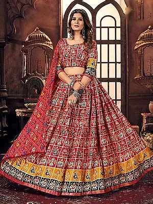 Tango-Red Cotton Multicolor Satin Digital Print Navratri Lehenga Choli With Side Chain - Dori And Muslin Dupatta