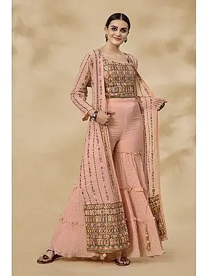 Peach Georgette Sharara Set with Floral Resham-Zari-Mirror-Sequin All-Over Work on Jacket and Blouse