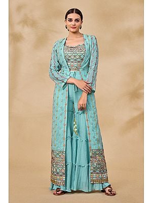 Sky-Blue Georgette Sharara Set With Floral Resham-Zari-Mirror-Sequin All-Over Work On Jacket And Blouse