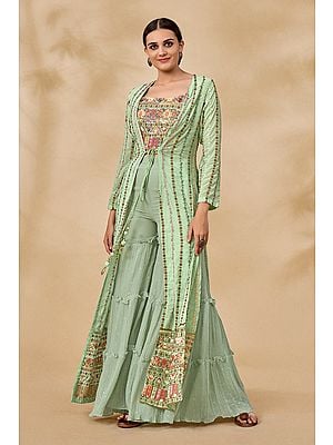 Pista-Green Georgette Sharara Set With Floral Resham-Zari-Mirror-Sequin All-Over Work On Jacket And Blouse