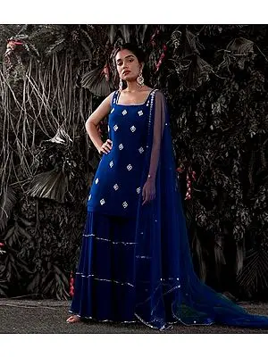 Royal-Blue Georgette Suit-Sharara Set with Gota-Zari Work and Soft-Net Dupatta