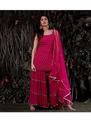 Fuschia Georgette Suit-Sharara Set With All-Over Mukaish Work And Soft-Net Dupatta