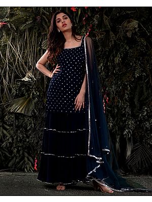 Navy-Blue Georgette Suit-Sharara Set With All-Over Mukaish Work And Soft-Net Dupatta