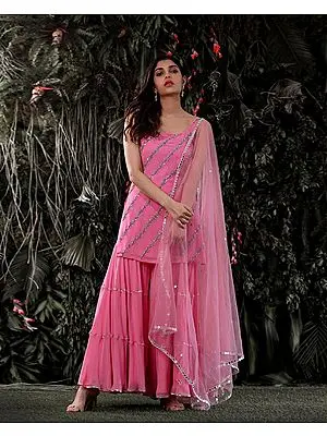 Pink-Power Georgette Suit-Sharara Set with All-Over Zari-Sequins Work and Soft-Net Dupatta