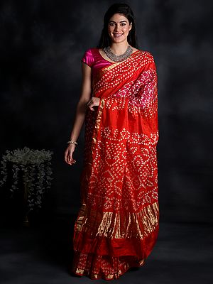 Bandhani Saree from Rajasthan with Zari Weave on Border