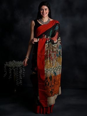 Moonless-Night Hand-Painted Kalamkari Sari with Dance Hand Mudras Print on Aanchal