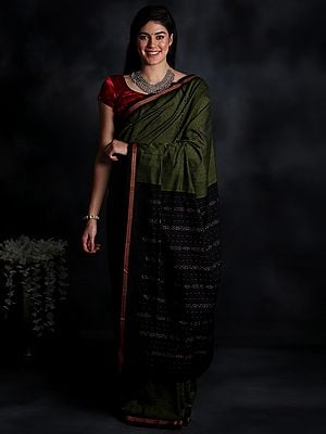 Olive-Branch Handloom Sari from Sambalpur with Ikat Woven Border and Pallu