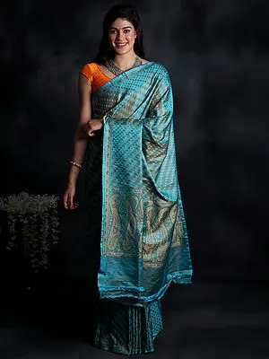 Aqua Handloom Banarasi Meenakari Pure Dupion Silk Saree with Contrast Floral Pattern