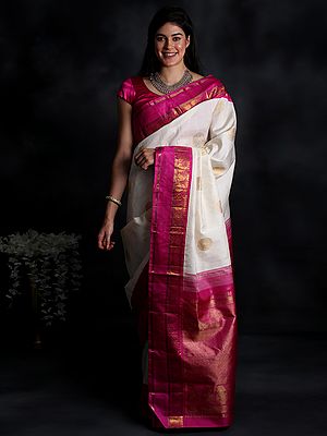 White-Swan and Fuschia Handloom Pure Silk Kanjivaram Sari from Tamil Nadu with Brocaded Border