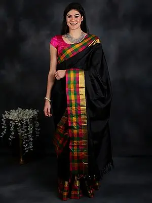 Jet-Black Handloom Pure Silk Kanjivaram Saree from Tamil Nadu with Multicolor Wide Checkered Border