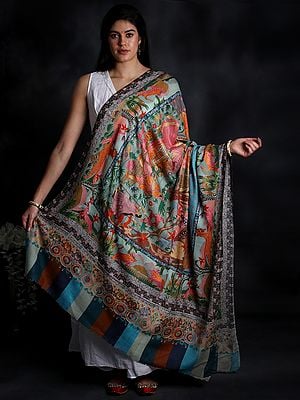 Pure Wool Shawl from Kashmir with Kalamkari Hand-Embroidered Depicting Courtyard Garden|Handwoven