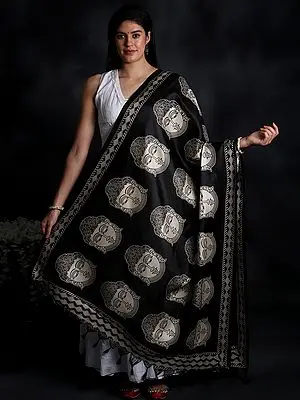 Black-Beauty Banglori Satin Batik Buddha Motif Printed Dupatta with Tassels