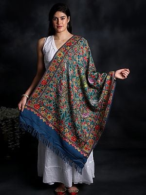 Royal-Blue Woolen Stole from Kashmir with Aari-Embroidered Animals by Hand
