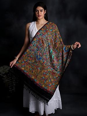Caviar-Black Woolen Stole from Kashmir with Aari-Embroidered Birds by Hand