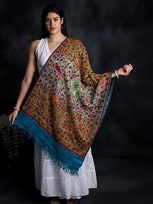 Teal Woolen Stole from Kashmir with Aari-Embroidered Birds by Hand
