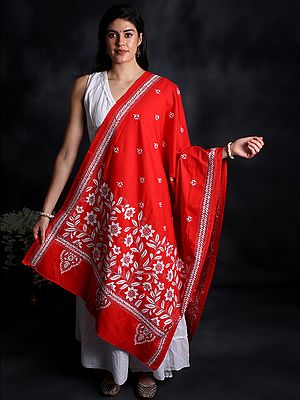 Tussar Silk Dupatta with Floral Kantha Embroidery