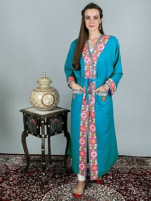 Enamel-Blue Kashmiri Robe with Aari Hand-Embroidered Flowers From Kashmir