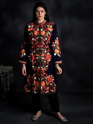 Naval-Academy Pure-Wool Long Jacket From Kashmir With Giant Aari-Embroidered Flowers