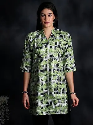 Caviar-Black Bamboo Leaf Digital Print Cotton Kurti with Quarter Sleeve