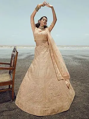 Peach Organza Lehenga Choli with Thread, Gota Work and Soft Net Dupatta