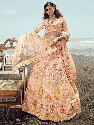 Caramel-Cream Georgette Lehenga Choli With Dori-Thread-Zarkan Work And Soft Net Dupatta