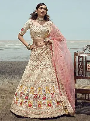 Brilliant-White Georgette Lehenga Choli with Dori-Thread-Zarkan Work and Soft Net Dupatta