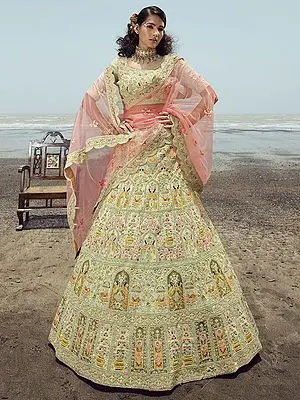 Pista-Green Georgette Lehenga Choli with Dori-Thread-Zarkan Work and Soft Net Dupatta