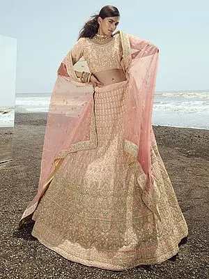 Peach Georgette Lehenga Choli with Zari-Thread-Zarkan Work and Soft Net Dupatta