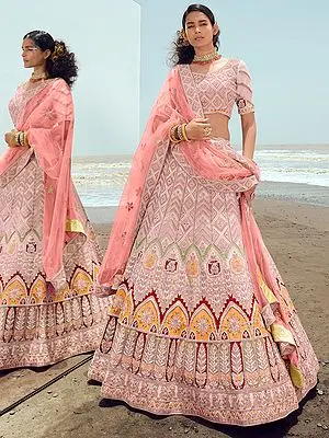 Peach Georgette Lehenga Choli With Dori-Thread-Zarkan Work And Soft Net Dupatta