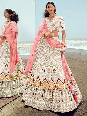 Lucent-White Georgette Lehenga Choli with Dori-Thread-Zarkan Work and Soft Net Dupatta
