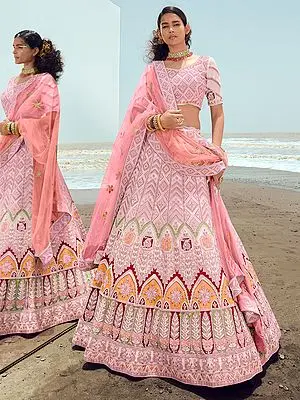 Pink Georgette Lehenga Choli With Dori-Thread-Zarkan Work And Soft Net Dupatta