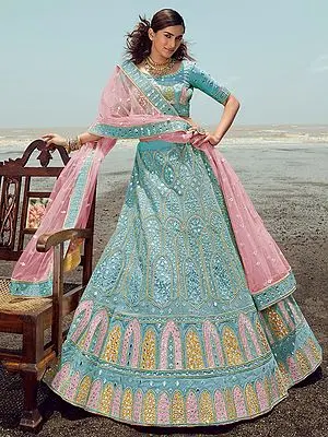 Turquoise Organza Lehenga Choli with Gota-Thread-Zarkan Work and Soft Net Dupatta